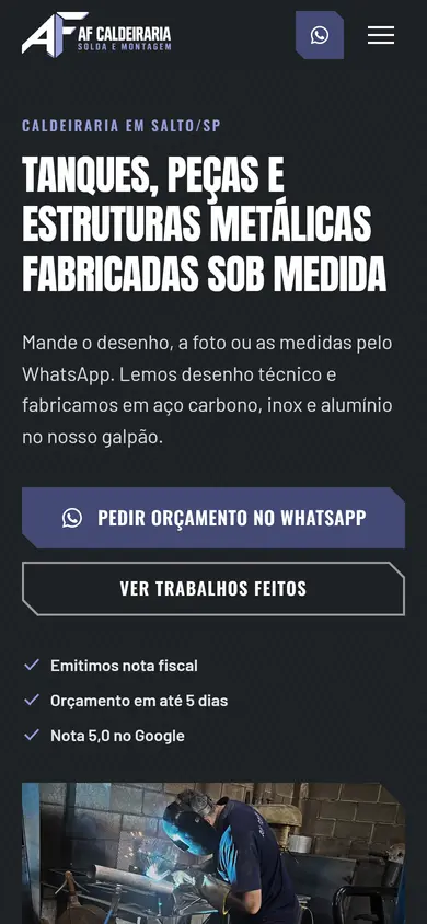 O site de AF Caldeiraria no celular