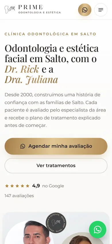 O site de Prime Odontologia no celular