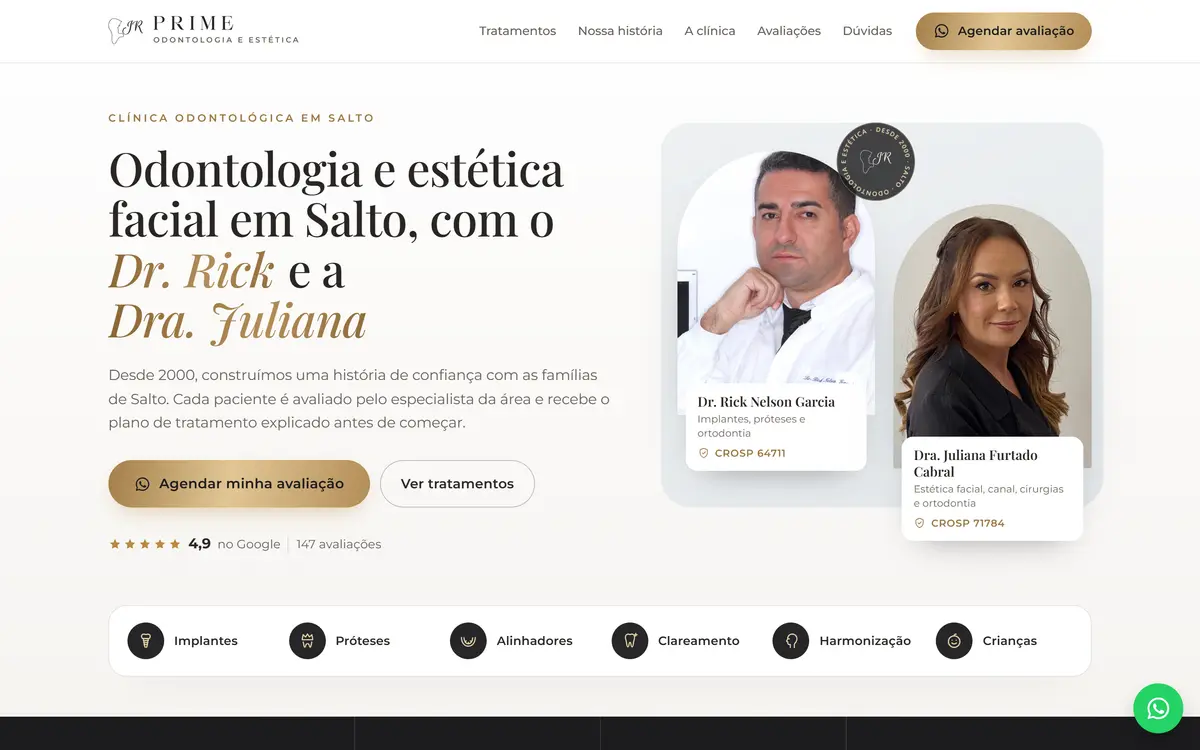 O site de Prime Odontologia no computador
